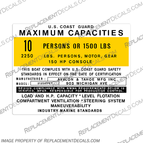 Avalon Tahoe 2125ATPET Boat Capacity Decal - 10 Person  capacity, plate, sticker, decal, robalo, r227, boat, Co, GENERIC, 10, Person, capacity, plate, console, decal, sticker, Avalon, Tahoe, 2125, 2125ATPET