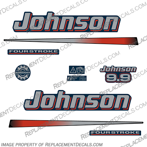 Johnson 9.9hp 2002 - 2007 Decals - Blue Cowl / Silver Text johnson, outboard, outboards, engine, motor, decal, kit, set, ocean, pro, red, 4, stroke, four, fourstroke, four stroke, 9.9, 9.9hp, 9hp, 10hp, 9, 2002, 2203, 2204, 2005, 2006, 2007, silver, text