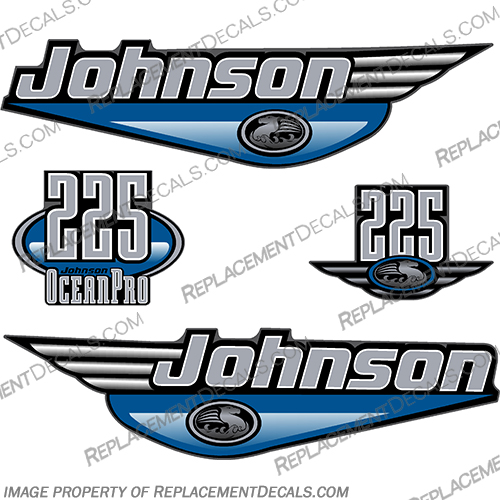 JOHNSON 225HP OCEANPRO DECALS - LIGHT BLUE johnson, 225hp, 225 hp, 225, 1999, 99, ho, high, output, outboard, engine, motor, decals,  decals, sticker, kit, set, Light Blue, Light, Blue