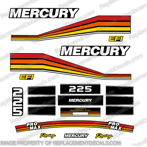 Mercury 225hp Racing Pro Max Decal Kit  mercury, 225, pro, max, racing, outboard, motor, engine, decal, sticker, kit, set, 1994, 1995, 1996, 1997, promax,INCR10Aug2021