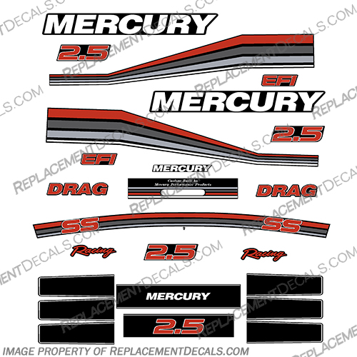 Mercury 260hp 2.5L Racing Decals - Custom Red/Silver/Dark Grey mercury, 260, 2.5, custom, red, silver, dark, grey, ss, drag, racing, outboard, motor, engine, decal, sticker, kit, set