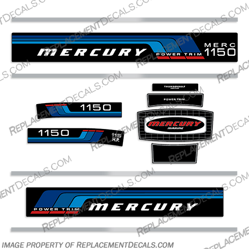 Mercury 115HP Power Trim Outboard Engine Decals - 1976-1977 mercury, 115, hp, 115hp, outboard, engine, decals, sticker, set, 1976, 1977, boat, motor, engine, decal, blue, power, trim, 