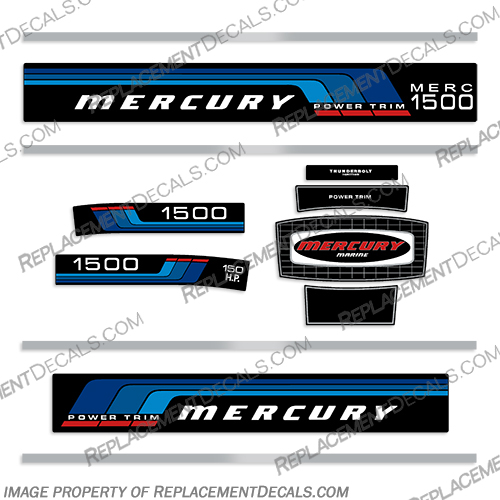 Mercury 1976 - 1977 150HP Power Trim Outboard Engine Decals  mercury, 150hp, 150, hp, power, trim, 1976, 1977, outboard, engine, decals, set, stickers, motor, decal, blue, vintage,