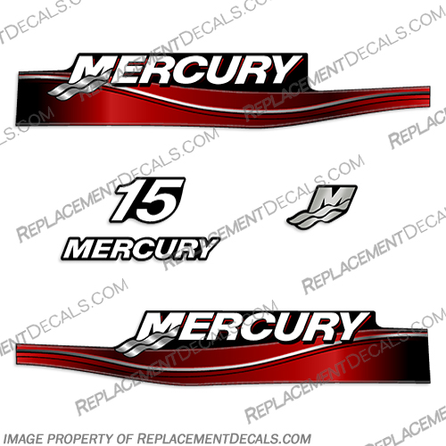 Mercury 15hp Decal Kit - 2005 Style  mercury, 15, 15 hp, horsepower, 15hp, 2005, 2006, 2007, 2008, 2009, 2010, electronic, fuel, injection, four, stroke, outboard, engine, motor, decal, kit, set,