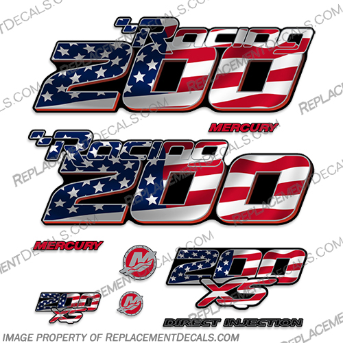 Mercury Racing Optimax 200XS DFI DECAL SET 8M0121263- American Flag! 200, 200-xs, 200 xs, xs, 016 2017 Mercury Racing 200 hp Optimax 200XS decal set replica (All domed decals and emblem as flat vinyl decals Non OEM)  Referenced Part number: 8M0121263  Made as decal Upgrade for 2006-2017 Outboard motor covers. RACE OUTBOARD HIGH PERFORMANCE 3.2L 300XS OPTIMAX 1.62:1 300 XS L SM PN: 881288T64 ,898103T93, 8M0121265. ,american, flad, racing, mercury, 300, optimax, 