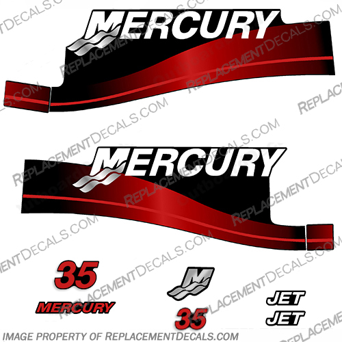 Mercury 35hp Jet Drive Decal Kit 1999-2004 (Red) mercury, 35hp. 35, hp, jet, drive, decal, kit, stickers, set, decals, 1999, 2000, 2001, 2002, 2003, 2004, engine. moto. red, 