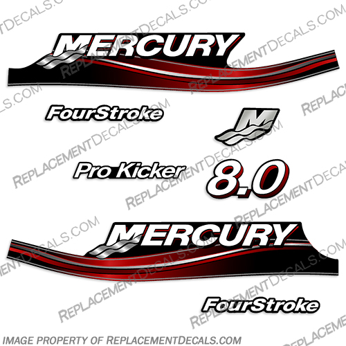 Mercury 8.0hp FourStroke Pro Kicker Decal Kit - 2005 Style (Red) mercury, 8.0 hp, 8hp, 8 hp, 8.0hp, horsepower, 9.9hp, 2005, 2006, 2007, 2008, 2009, 2010, electronic, fuel, injection, four, stroke, outboard, engine, motor, decal, kit, set, pro, kicker, FourStroke, 4-Stroke, 4Stroke