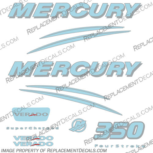 Mercury Verado 350hp Decal Kit - Powder Blue/Silver  Mercury, Verado, 350, 350hp, hp, horse power, Decal, Kit, Decals, Powder Blue, Silver, Powder