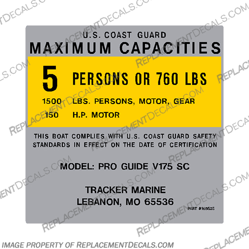 Tracker Marine Pro Guide V175 SC 5 Person Capacity Plate Decal tracker, marine, boat. capacity. plate, decal, pro, guide, v175sc, v175, sc, 5 person, sticker, single,