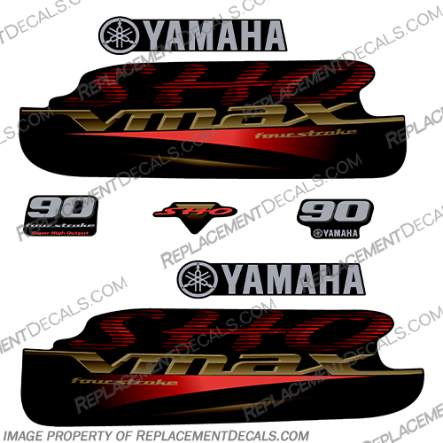 Yamaha 90hp VMAX SHO Fourstroke Decals - Red / Gold / Silver v max, v-max, four stroke, four-stroke, 175, hp, red, gold, outboard, motor, engine, decal, sticker, kit, sho, vmax, 90, 90hp, 90 hp